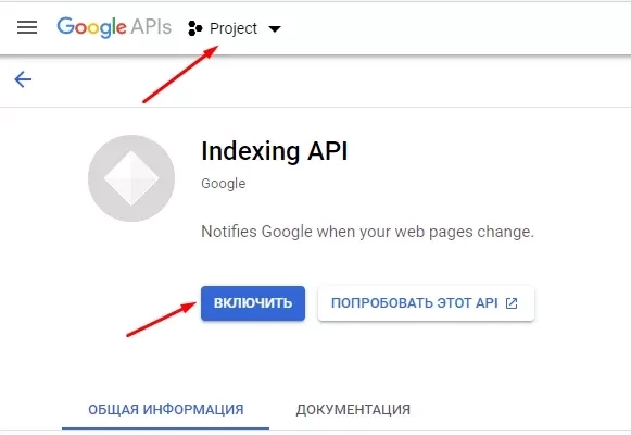 ndexing API и включаем его для проекта